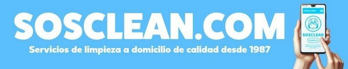 Logotip de SOSCLEAN.COM sobre fons blau, amb una mà sostenint un telèfon amb laplicació de neteja.