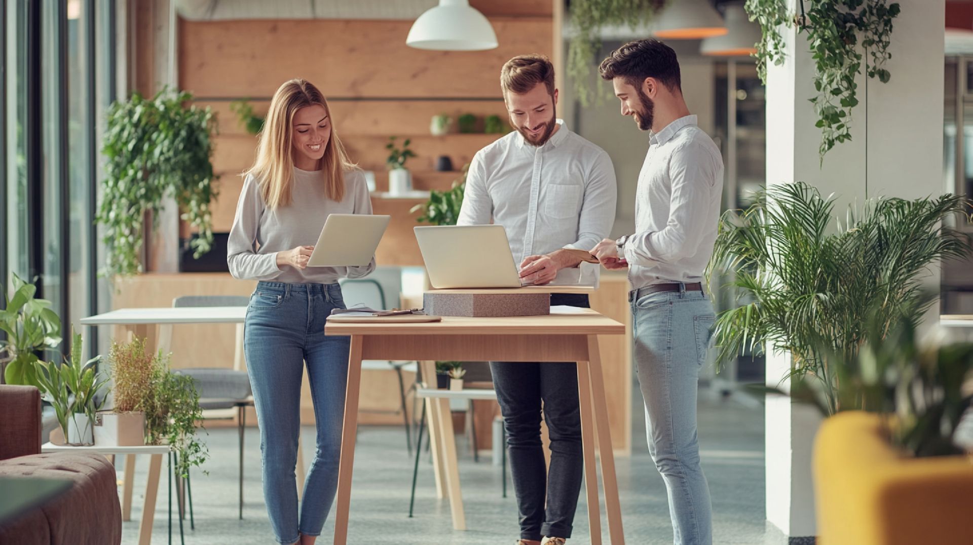 Todo el mundo es usuario de los servicios a domicilio. Tres personas, dos de ellas usando computadoras portátiles, alrededor de un escritorio en una oficina luminosa y llena de plantas.