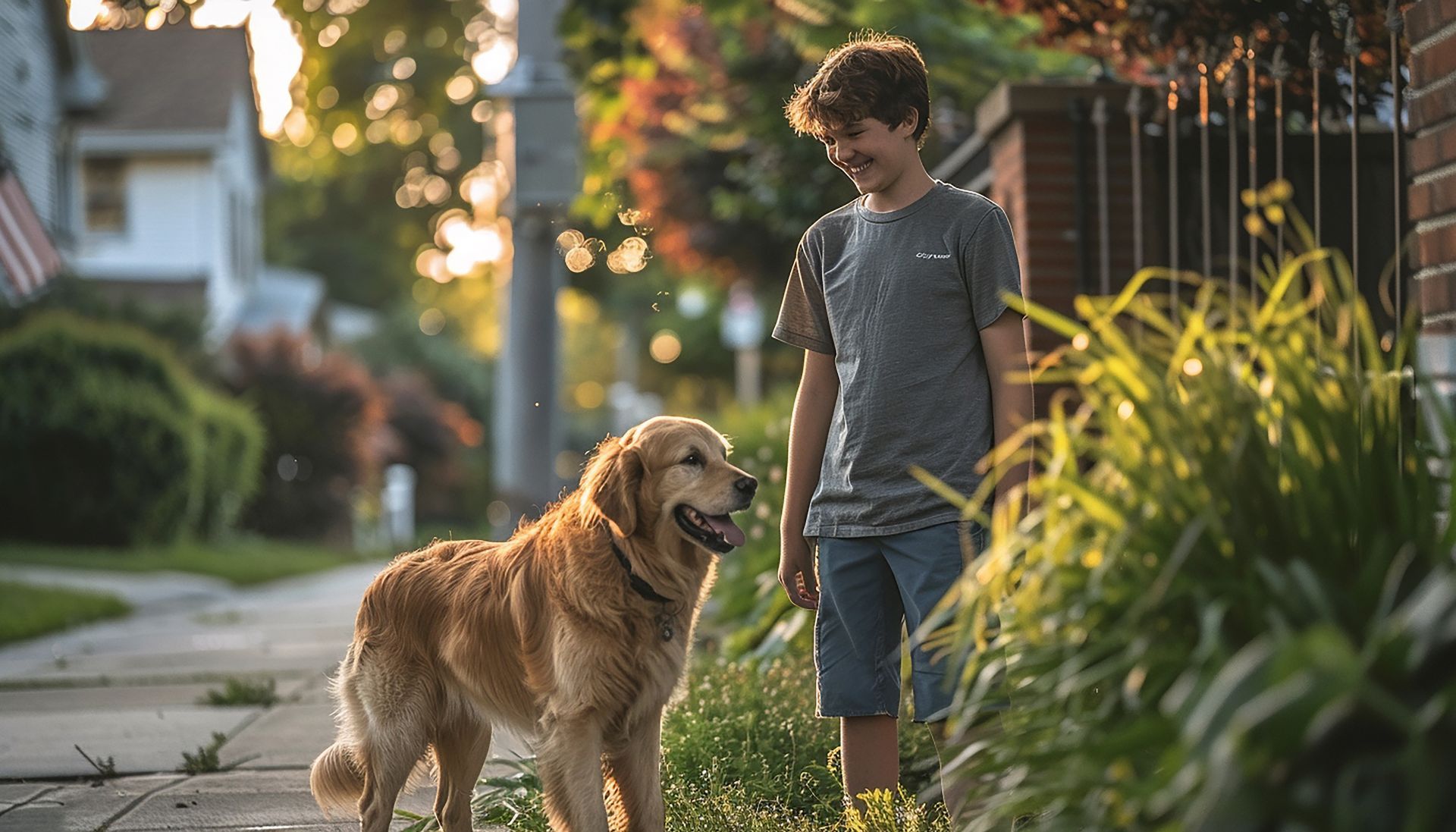 La amistat incondicional de un perro. Niño pasenado a un perro