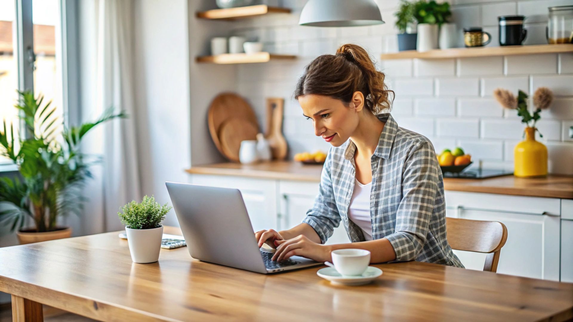 Mujer escribiendo en un ordenador portátil en una mesa de cocina de madera, con una taza de café y plantas cerca.