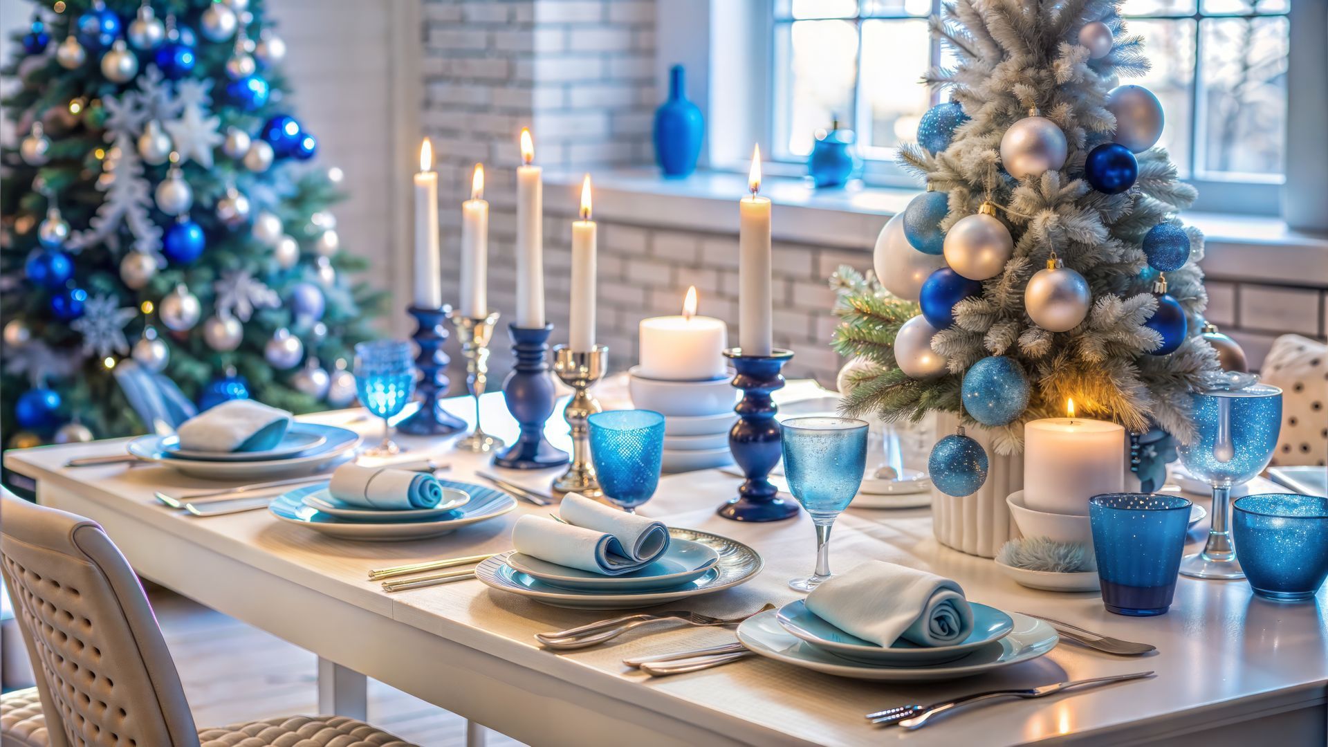Christmas table setting with blue and silver ornaments, lit candles, white tablecloth.