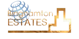 Logo for Binghamton Estates, featuring a globe graphic above the text and a stylized building outline below.