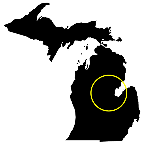 A black and white map of michigan with a yellow circle in the middle.