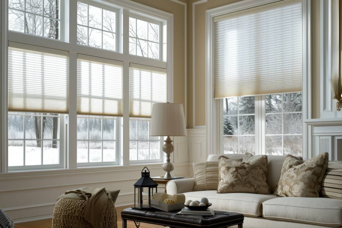 Modern Cordless Cellular Window Shades in a Cozy Living Room Looking Out to Snowy Woods at Stevens Paint and Blinds near Vestal & Corning, New York (NY)