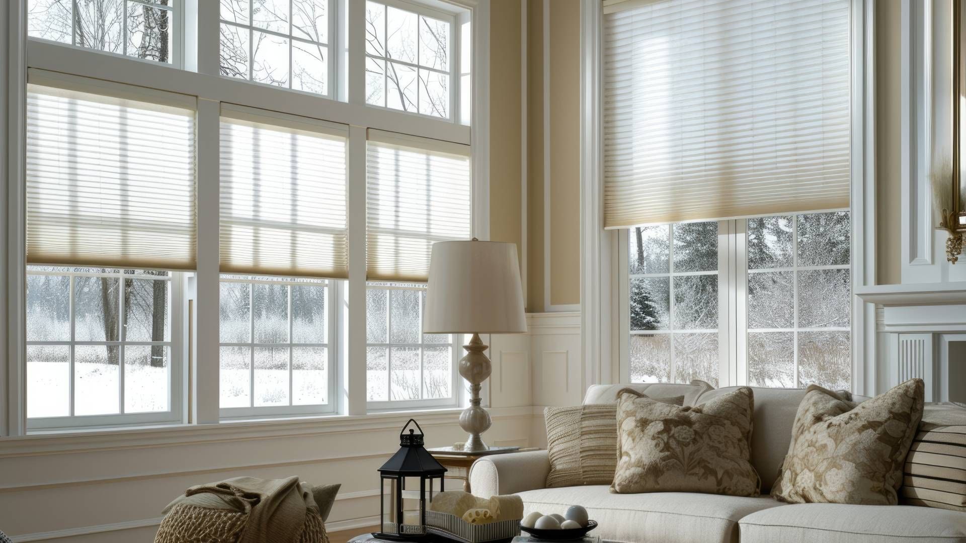 Modern Cordless Cellular Window Shades in a Cozy Living Room Looking Out to Snowy Woods at Stevens P