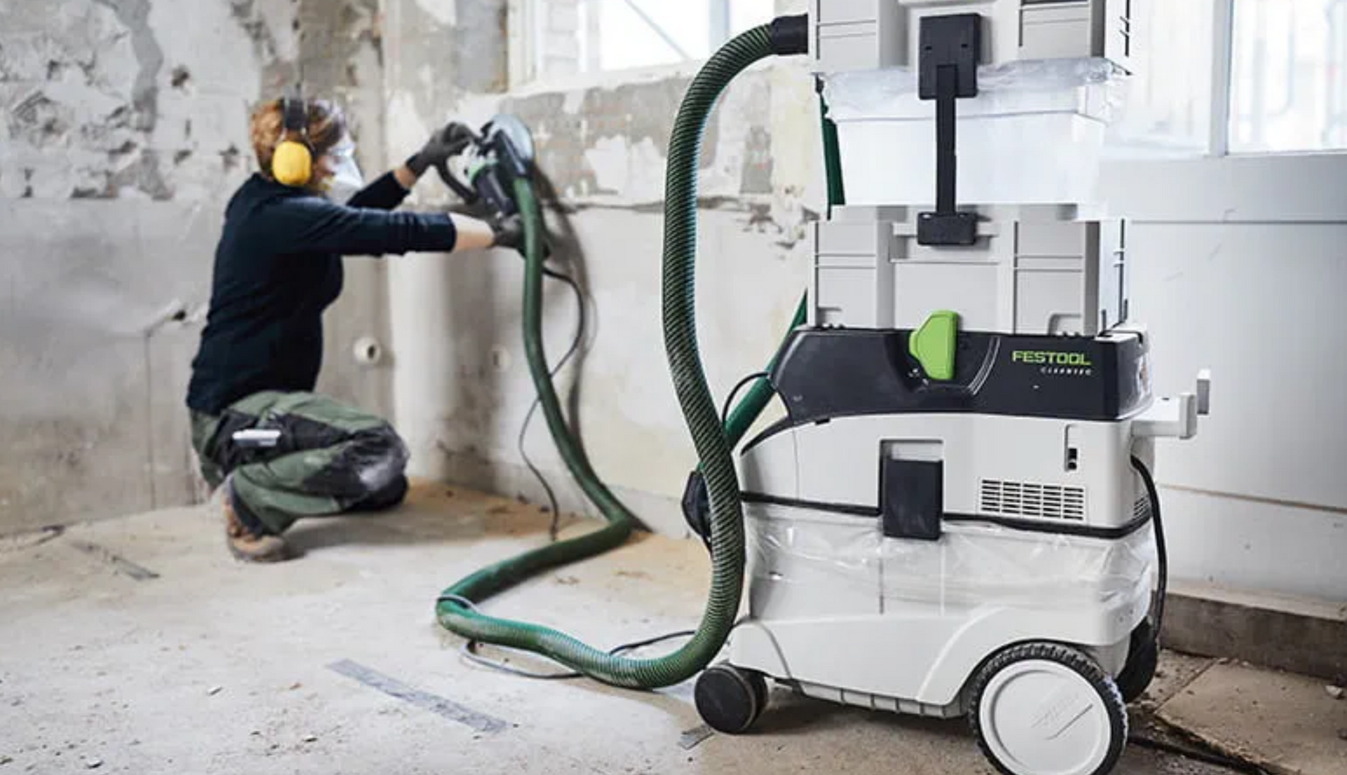A professional contractor using a Festool tool at Stevens Paint & Blinds near Vestal and Corning, New York (NY)