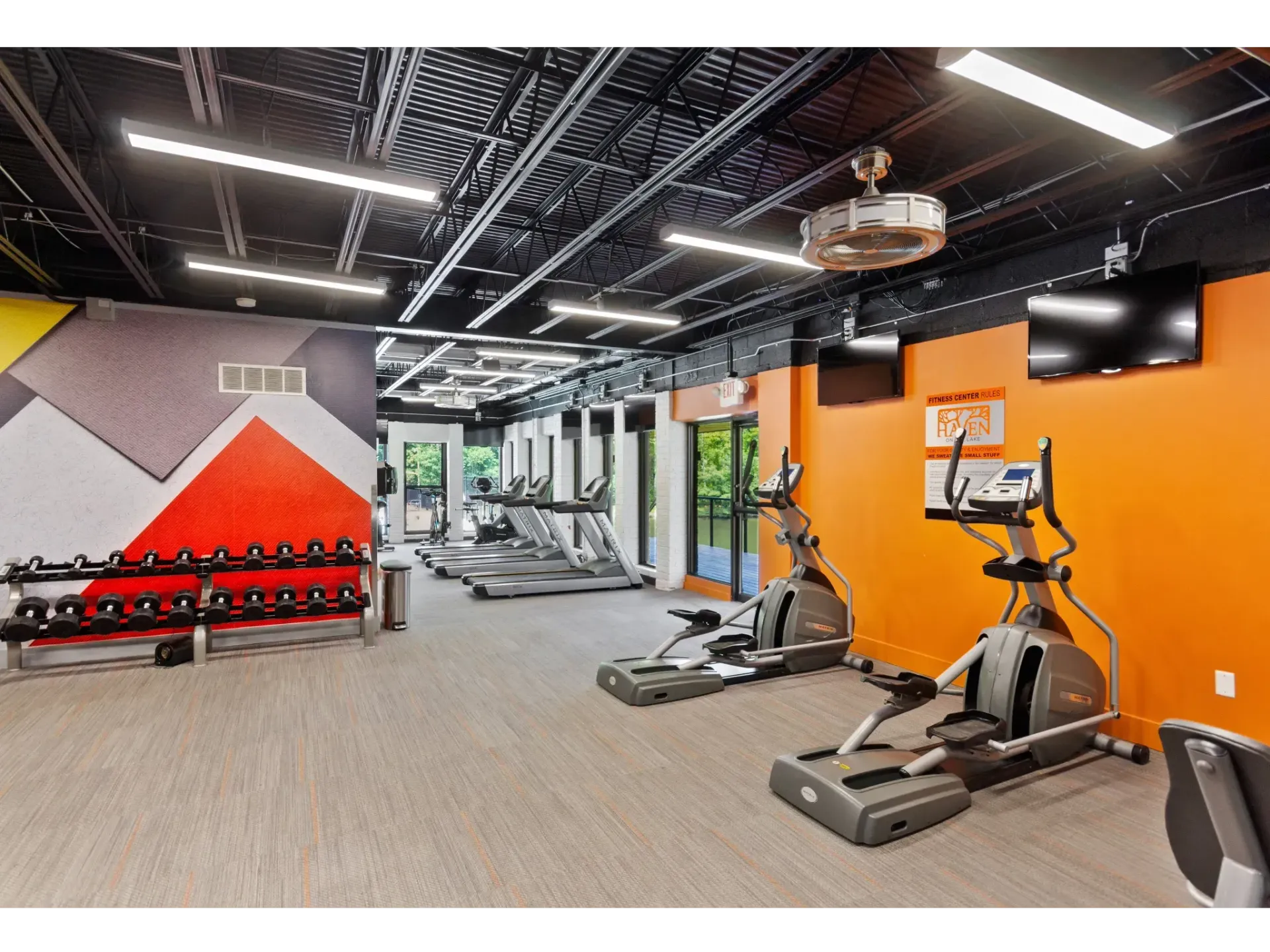 Well-equipped fitness center with exercise machines and weights