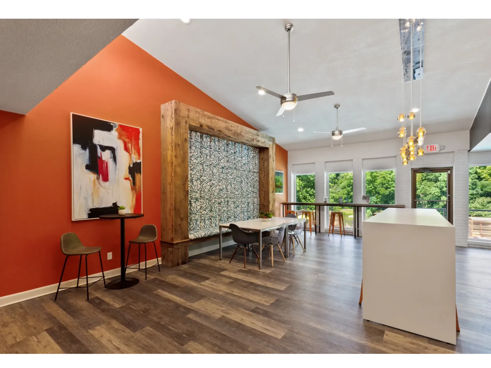 Interior view of a community lounge with stylish decor and seating