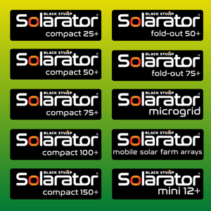 Logos for Solarator solar panel products, including 