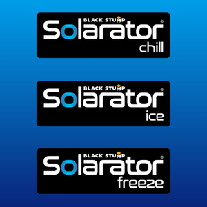 Logos for Solarator products: chill, ice, and freeze, in white font on black rectangles, with blue accents and the