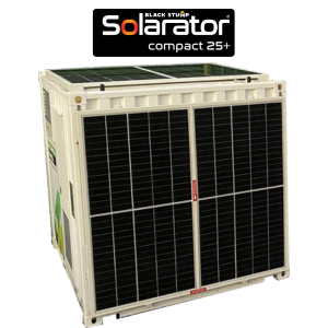 Solararator compact 25+ solar power unit with black panels on a cream-colored container, outdoors.
