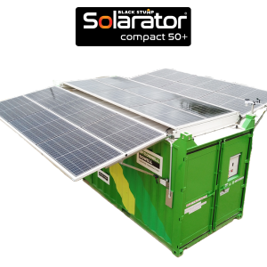 Green Solarator container with deployed solar panels. Black Stump logo.