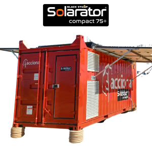 Red Solarator container with retractable solar panels. Features Acciona branding.