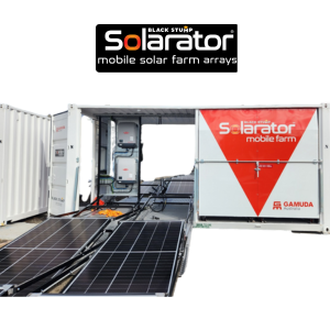 Mobile solar farm array in shipping container with deployed solar panels. Logo: Solarator. White and orange.