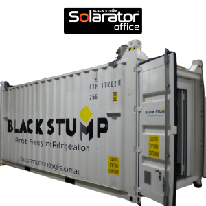 White shipping container office with open door,