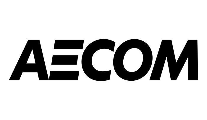AECOM logo: Bold, black text on white background. "AECOM" with three horizontal lines in the "E."