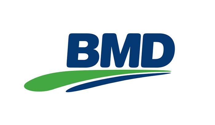 BMD logo: Dark blue letters "BMD" above a green and blue curved swoop on a white background.