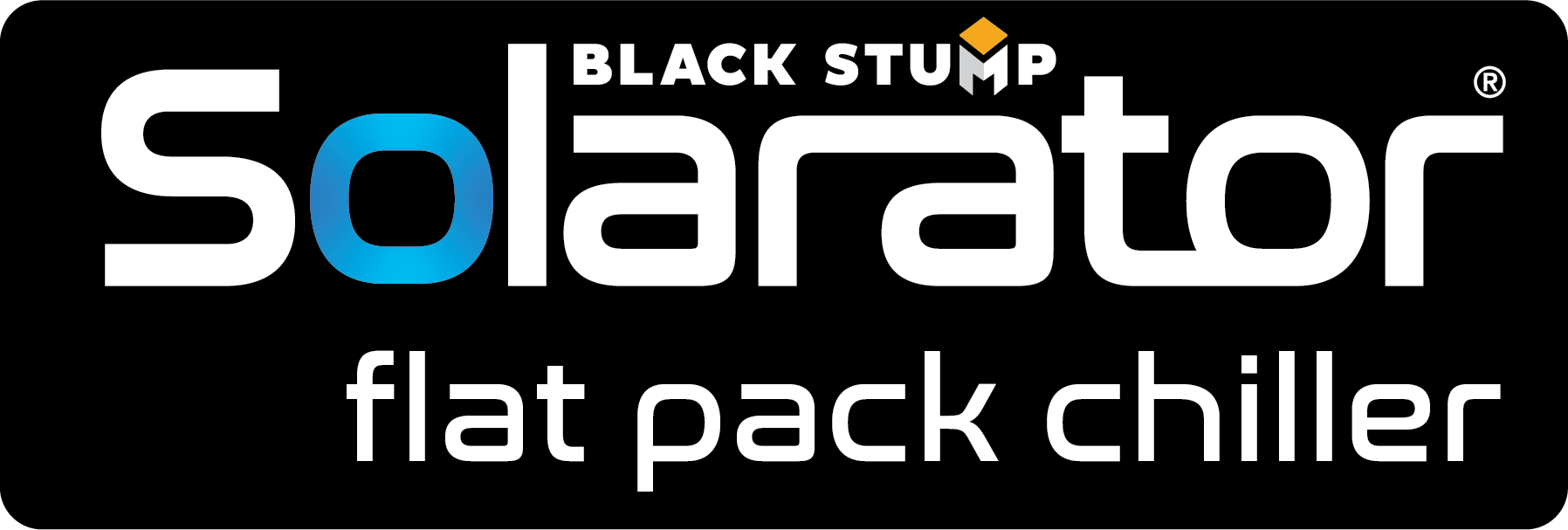 Logo for Solarator flat pack chiller, white text on black background.