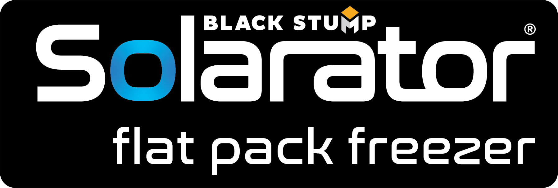 Logo for Solarator flat pack freezer, in white text on a black background, with a blue