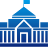Blue government building icon with a flag on top.