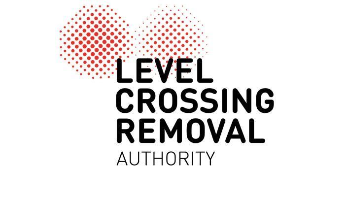Logo of the Level Crossing Removal Authority; black text on white background with red dotted shapes.