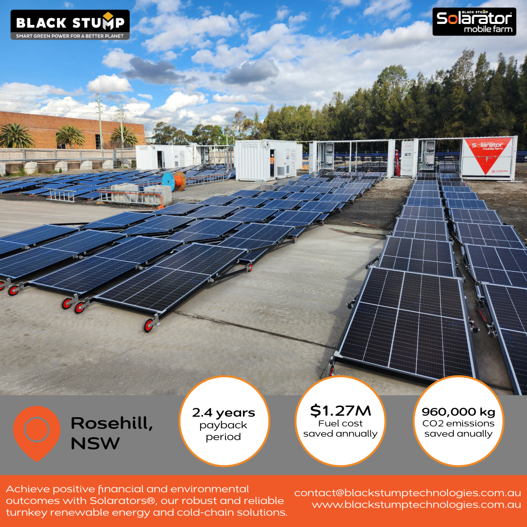 Solar panel array in Rosehill, NSW, producing 980,000kg of fertilizer over 2.4 years.