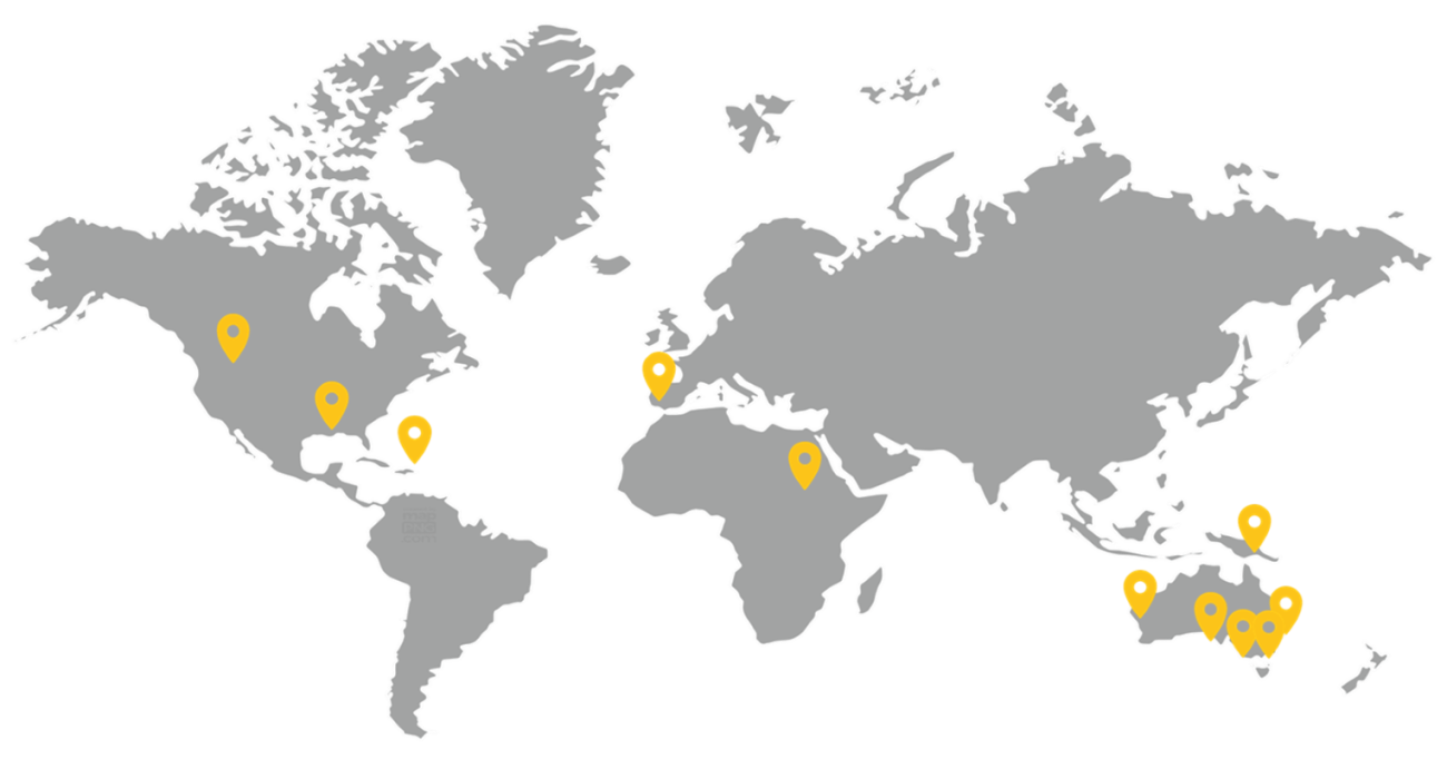 World map with yellow location markers in North America, Europe, Africa, and Australia.