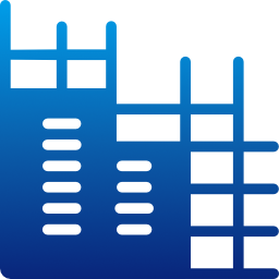 Blue construction framework, showing rebar and support columns.