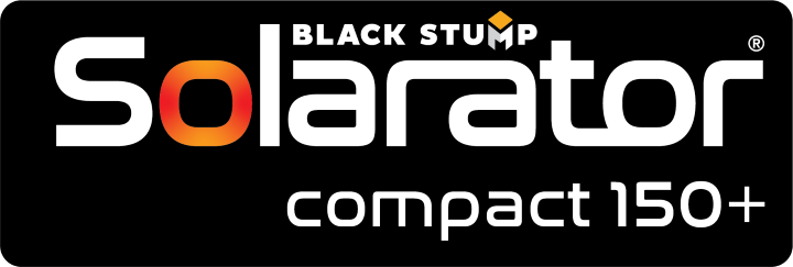 Logo for Black Stump Solarator compact 150+ with orange and white text on a black background.