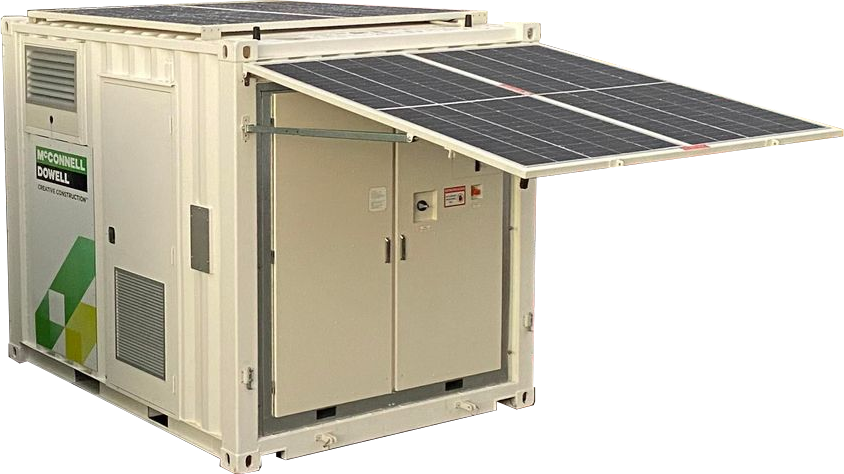 Solar-powered generator unit, with hinged solar panels open, on a container.  Cream and black.