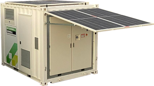 Solar-powered generator unit, with hinged solar panels open, on a container.  Cream and black.