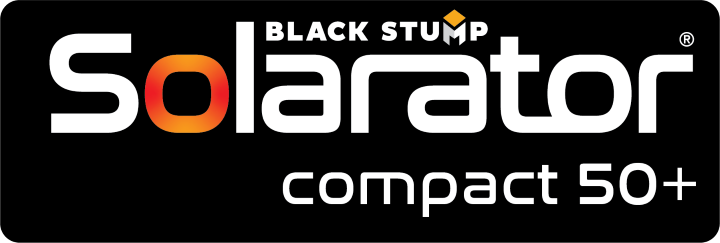 Logo for Black Stump Solarator compact 50+, white text on a black background.