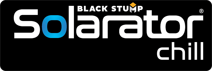 Logo for Solarator chill, a black rectangular shape with the brand name in white, with a blue
