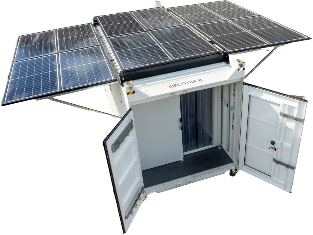 Shipping container with solar panels extended, doors open, on a white background.