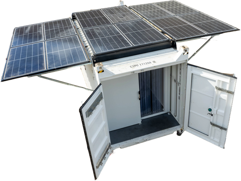 Shipping container with solar panels extended, doors open, on a white background.