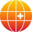 Globe with orange and yellow gradient, white grid lines, and a white plus sign.
