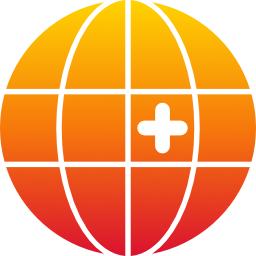 Globe with orange and yellow gradient, white grid lines, and a white plus sign.