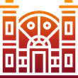 Red and orange building with symmetrical columns and a rounded window above a doorway.