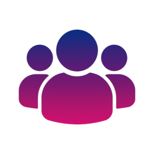 Three stylized figures with a purple and pink gradient, representing people.