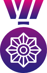 Medal with starburst design, purple to pink gradient.