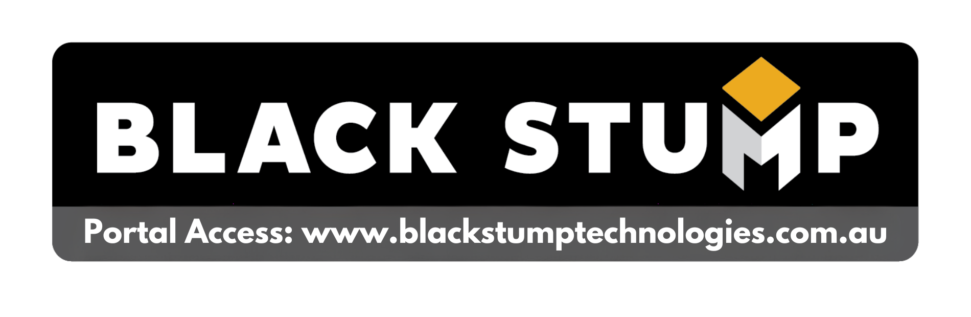 Black Stump Technologies logo with text and website address. A gold diamond-shaped element appears over the letter “M.”
