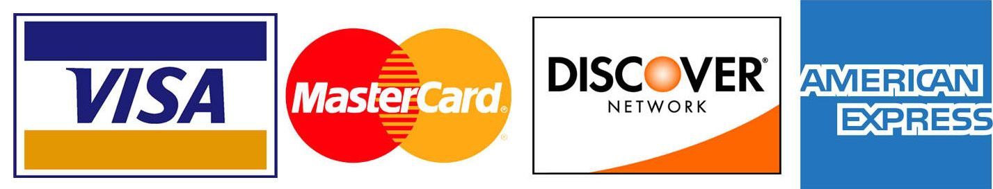 Logos for Visa, Mastercard, Discover, and American Express credit cards.