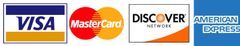 Logos for Visa, Mastercard, Discover, and American Express credit cards.