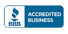BBB Accredited Business badge: Blue rectangle with white square, flame logo, and 