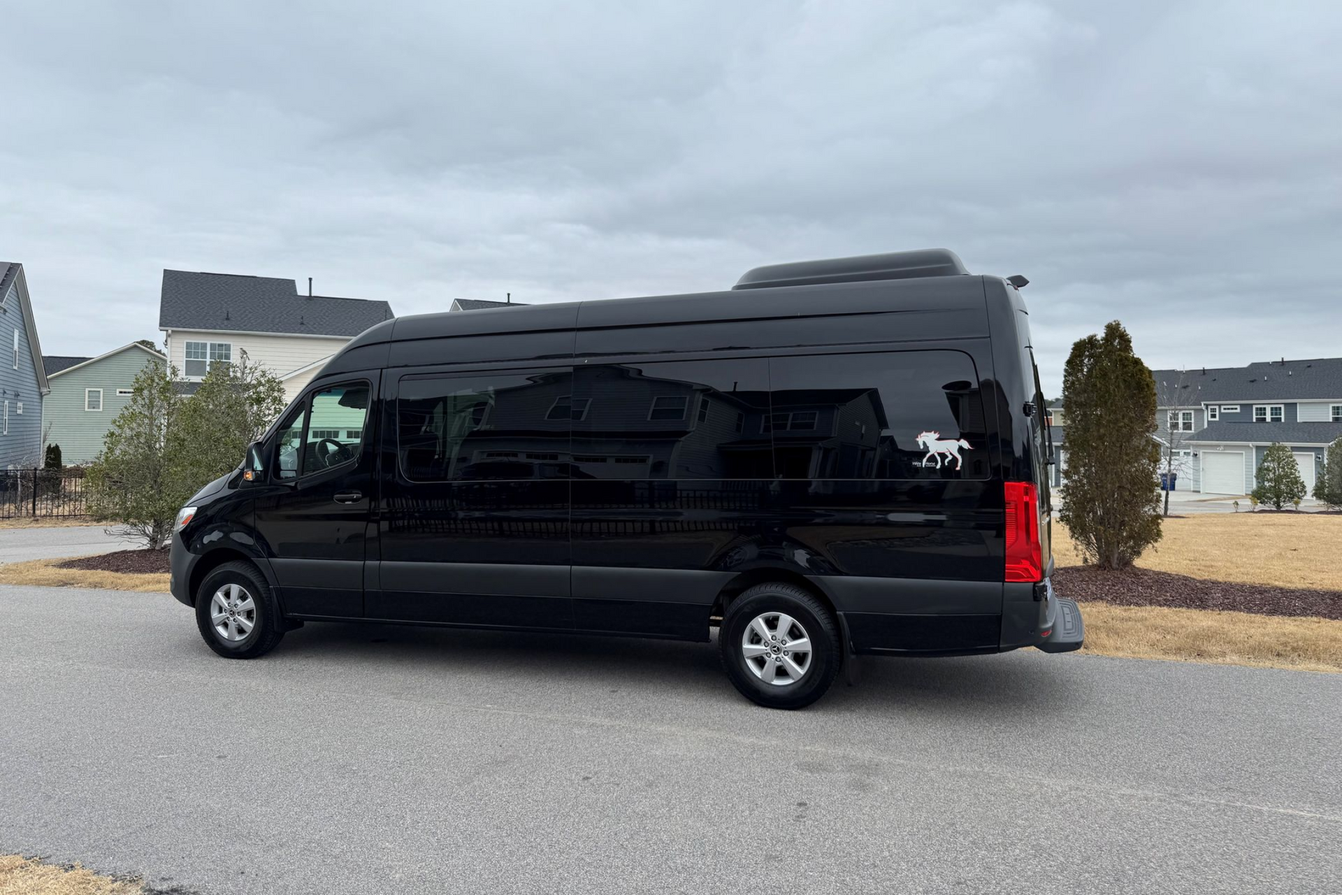 Black Mercedes-Benz Sprinter van, parked, front view.