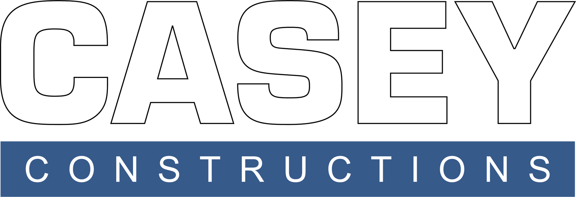 The logo for casey constructions is blue and white