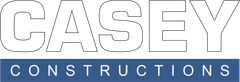 The logo for casey constructions is blue and white