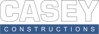 The logo for casey constructions is blue and white