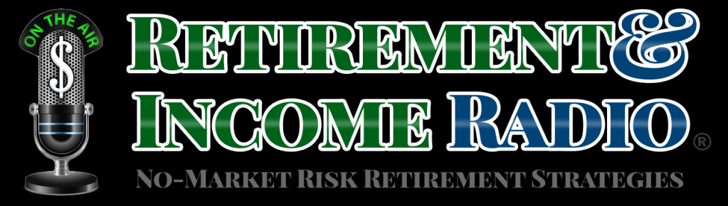 A logo for retirement and income radio with a microphone