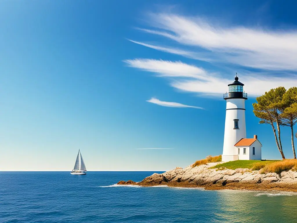 A lighthouse on a small island in the middle of the ocean